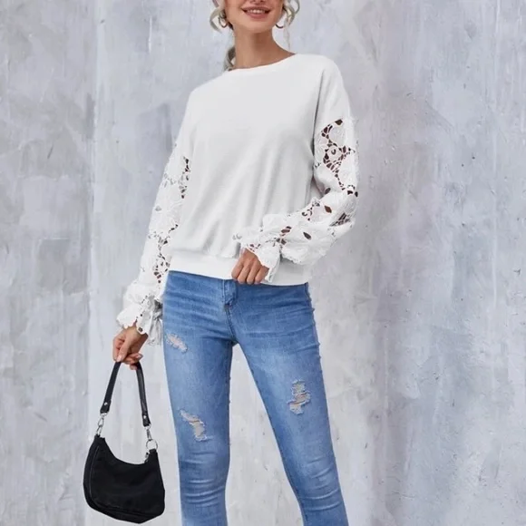 Drop shoulder lace sleeve pullover - Picture 1 of 7